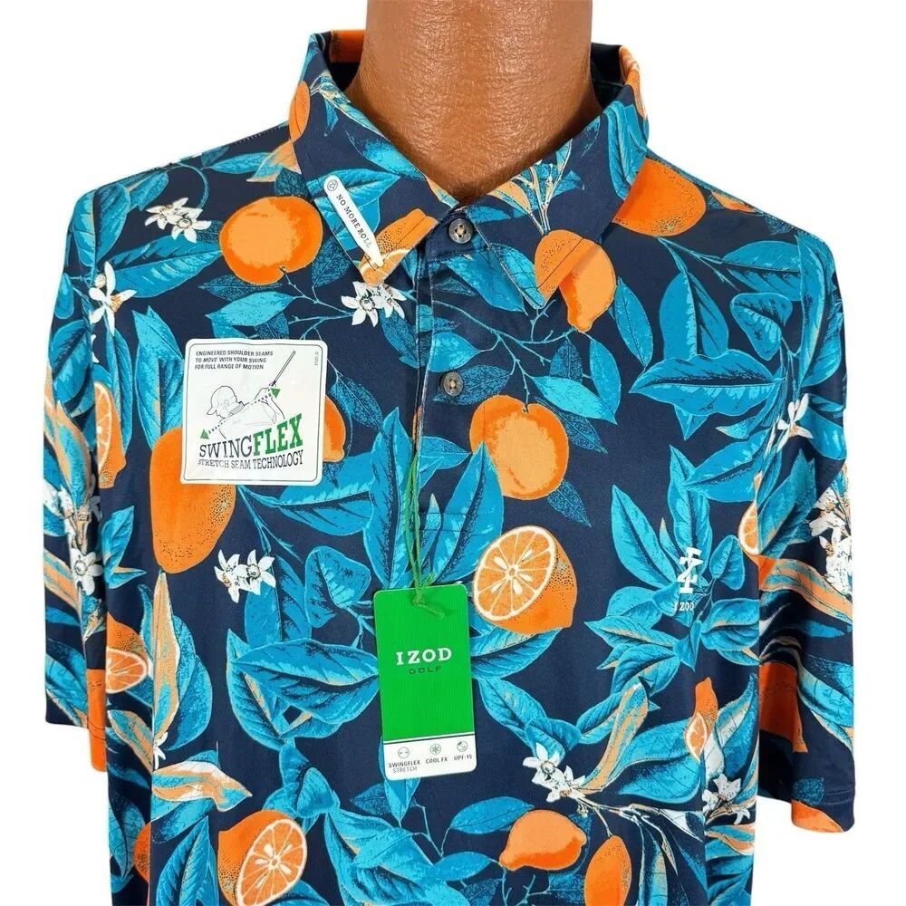 NWT $60 IZOD Golf XXL Oranges & Leaves Sun Shield Performance UPF 30 Polo Flex